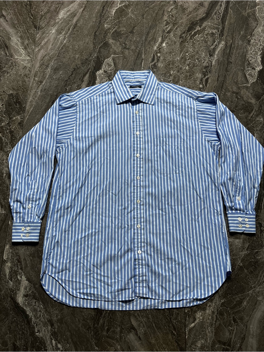 Burberry London Shirt Mens 16.5 33 L Blue White Stripe Made In USA Vintage Dress
